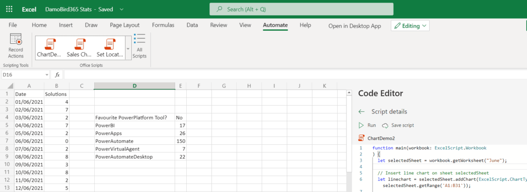 Excel Worksheet used to write an Office Script and create a dynamic chart