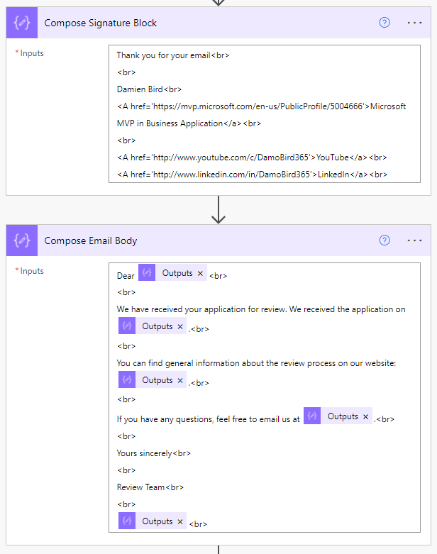 A signature block and main body in HTML