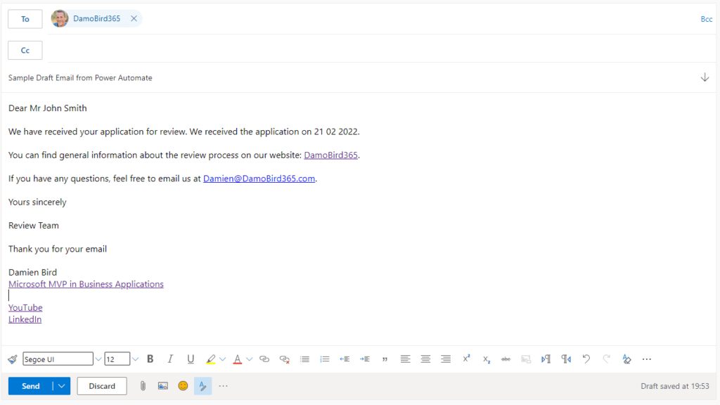 Sample draft email generated using Graph API