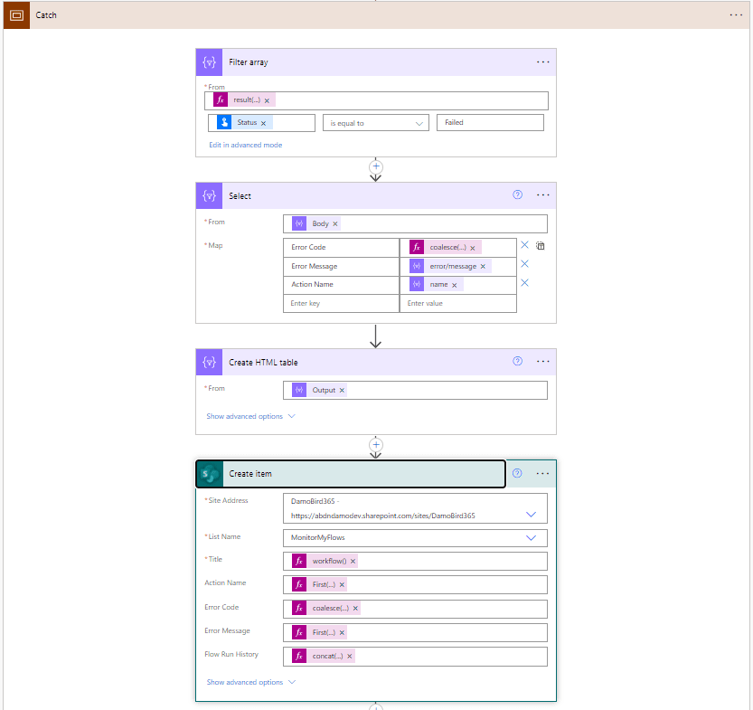 Catch Scope, filter, select, html table and create item.