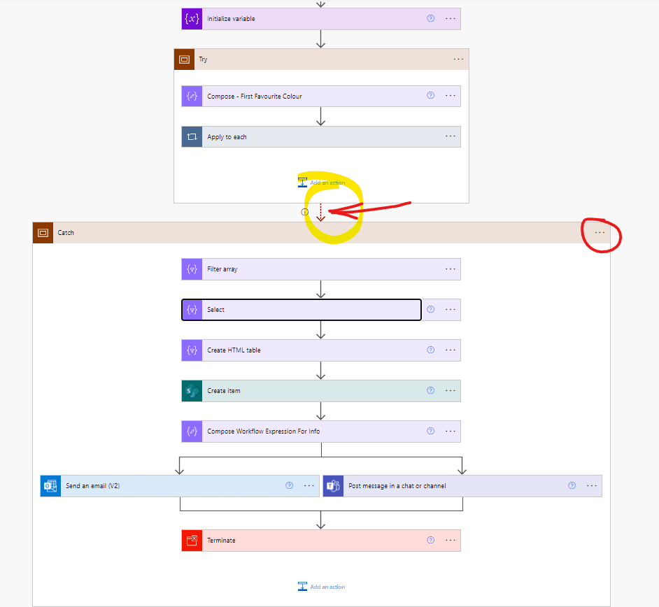 Example try catch scopes Power Automate