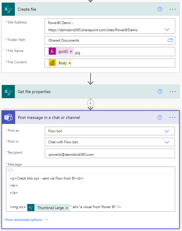 A flow that saves the Power BI visual to PNG and sends via Teams