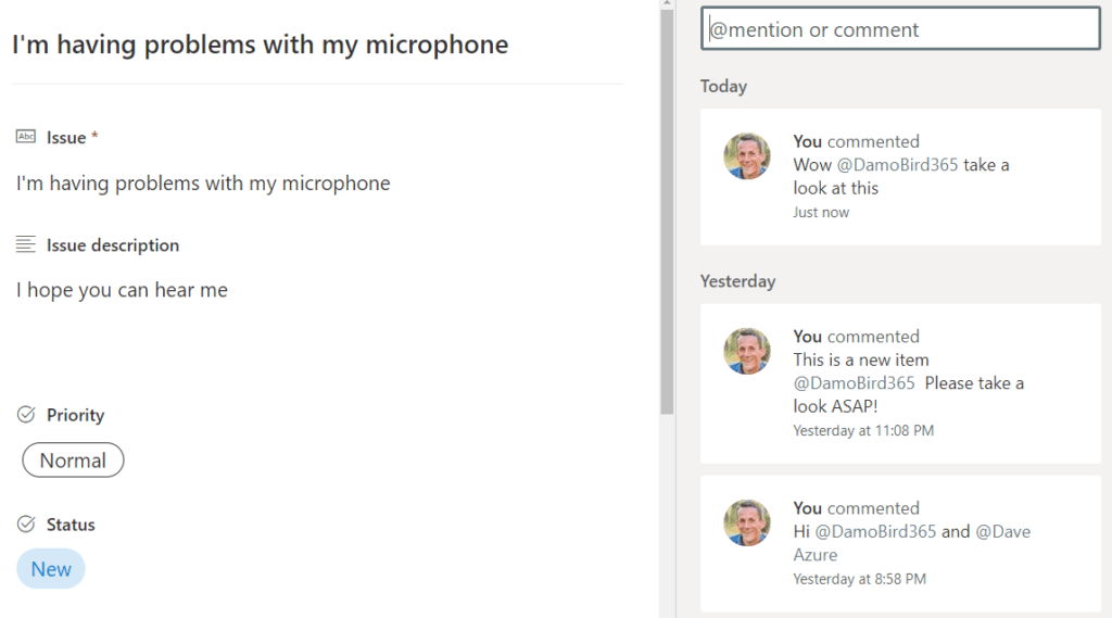Microsoft List Comments