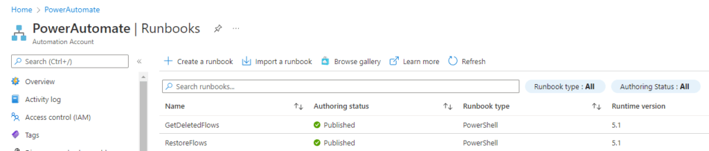 Azure RunBook to restore deleted flows