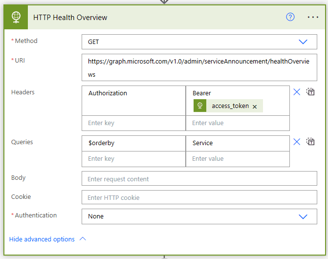 HTTP action to get health overview.
