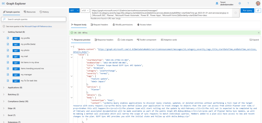 Graph Explorer API Call