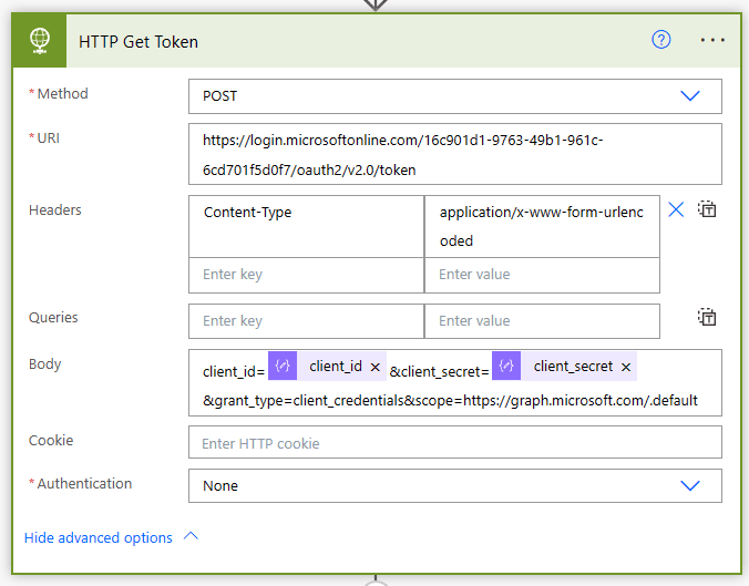 HTTP action to obtain a bearer token from Azure App Registration