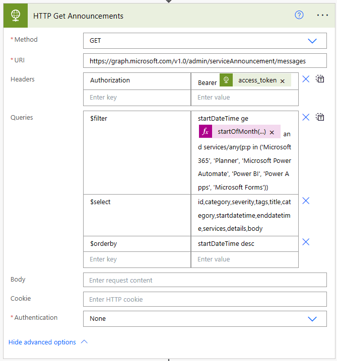 HTTP Action to obtain the Service Announcements