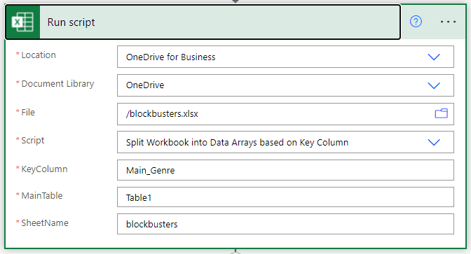 Office Script action - run script