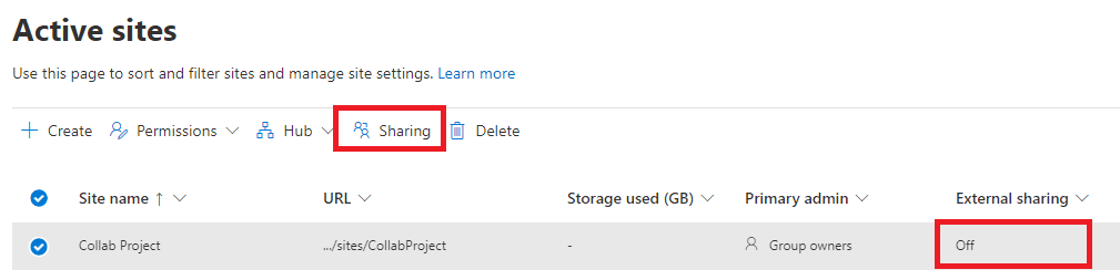 SharePoint admin centre where external sharing is configured